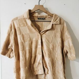 Nasty Gal Beige Button Down Shirt, Textured Checkers